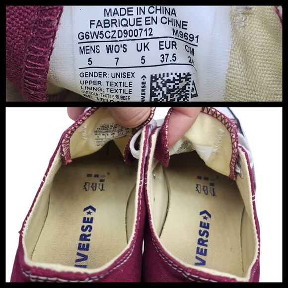 Converse Shoes Womens 7 Red Burgundy Maroon White Low Tops Skater Preppy Grunge - Picture 11 of 12